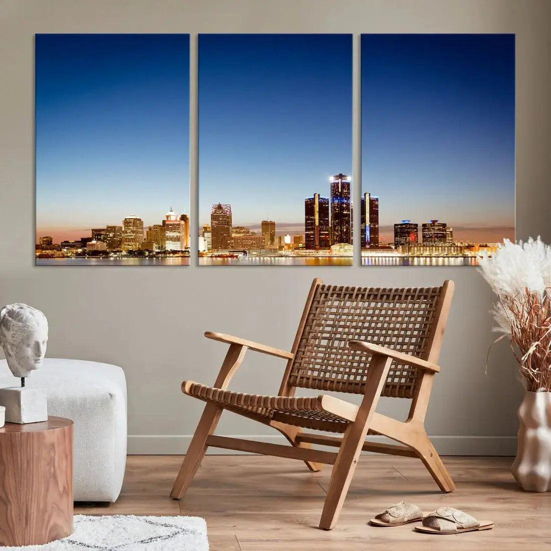 Large Blue Detroit Skyline Cityscape Wall Art Canvas Print Office Decor