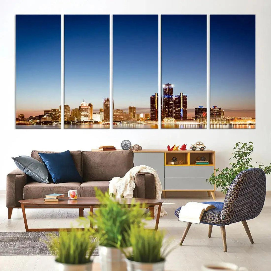 Large Blue Detroit Skyline Cityscape Wall Art Canvas Print Office Decor