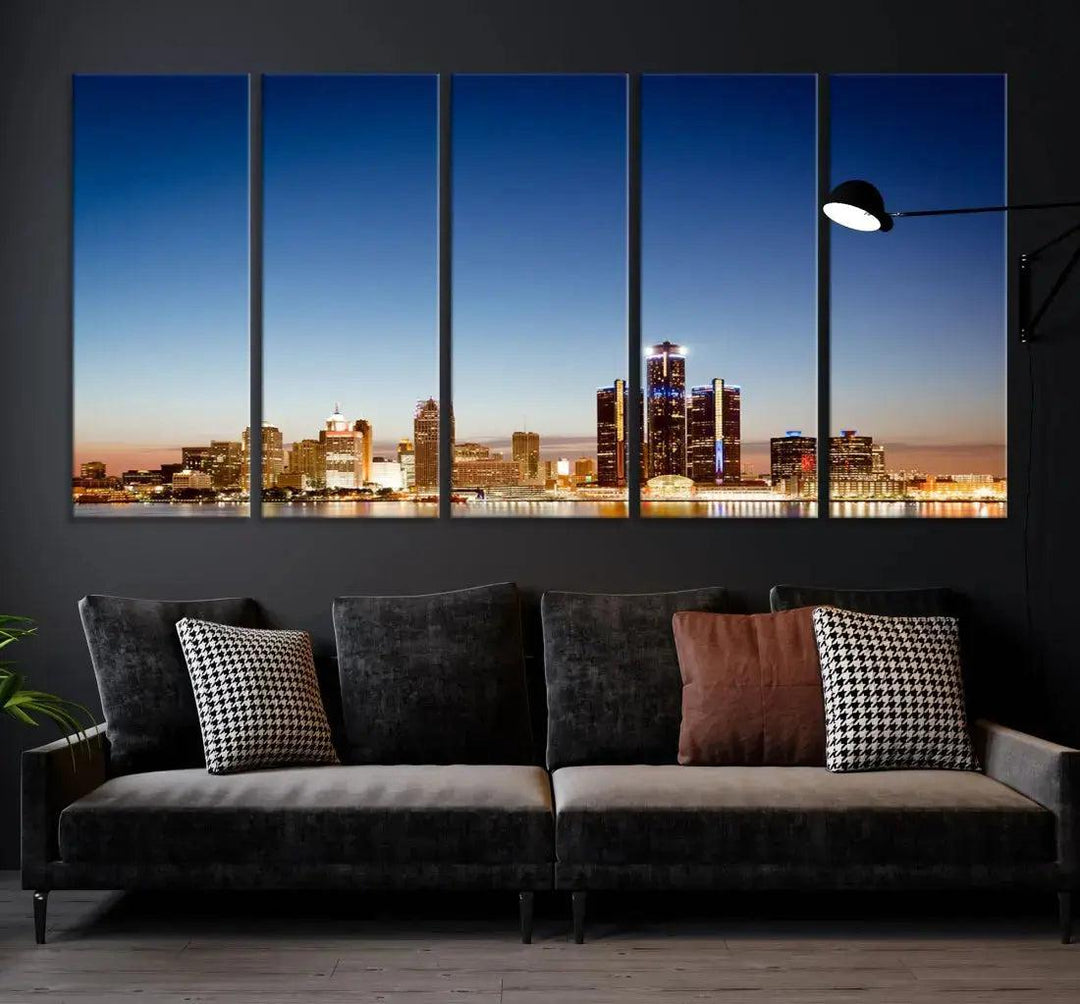 Large Blue Detroit Skyline Cityscape Wall Art Canvas Print Office Decor