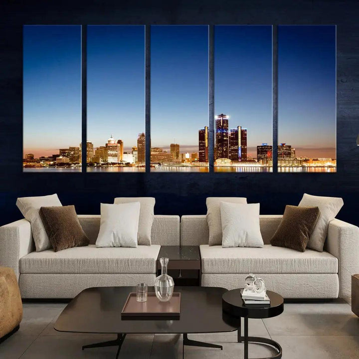 Large Blue Detroit Skyline Cityscape Wall Art Canvas Print Office Decor