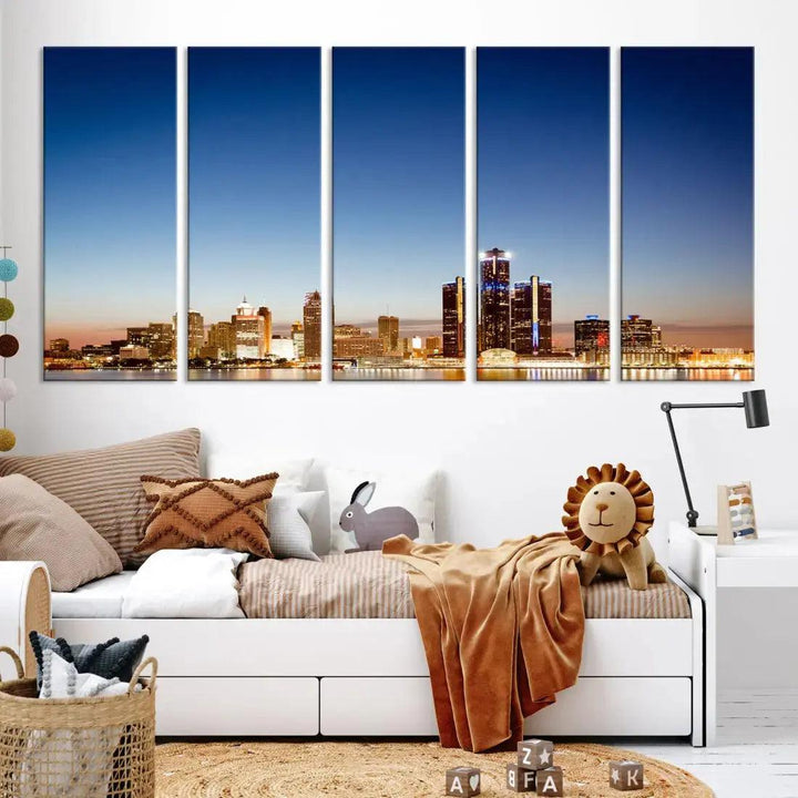 Large Blue Detroit Skyline Cityscape Wall Art Canvas Print Office Decor