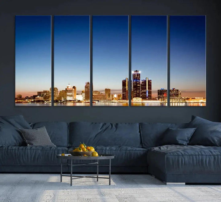 Large Blue Detroit Skyline Cityscape Wall Art Canvas Print Office Decor