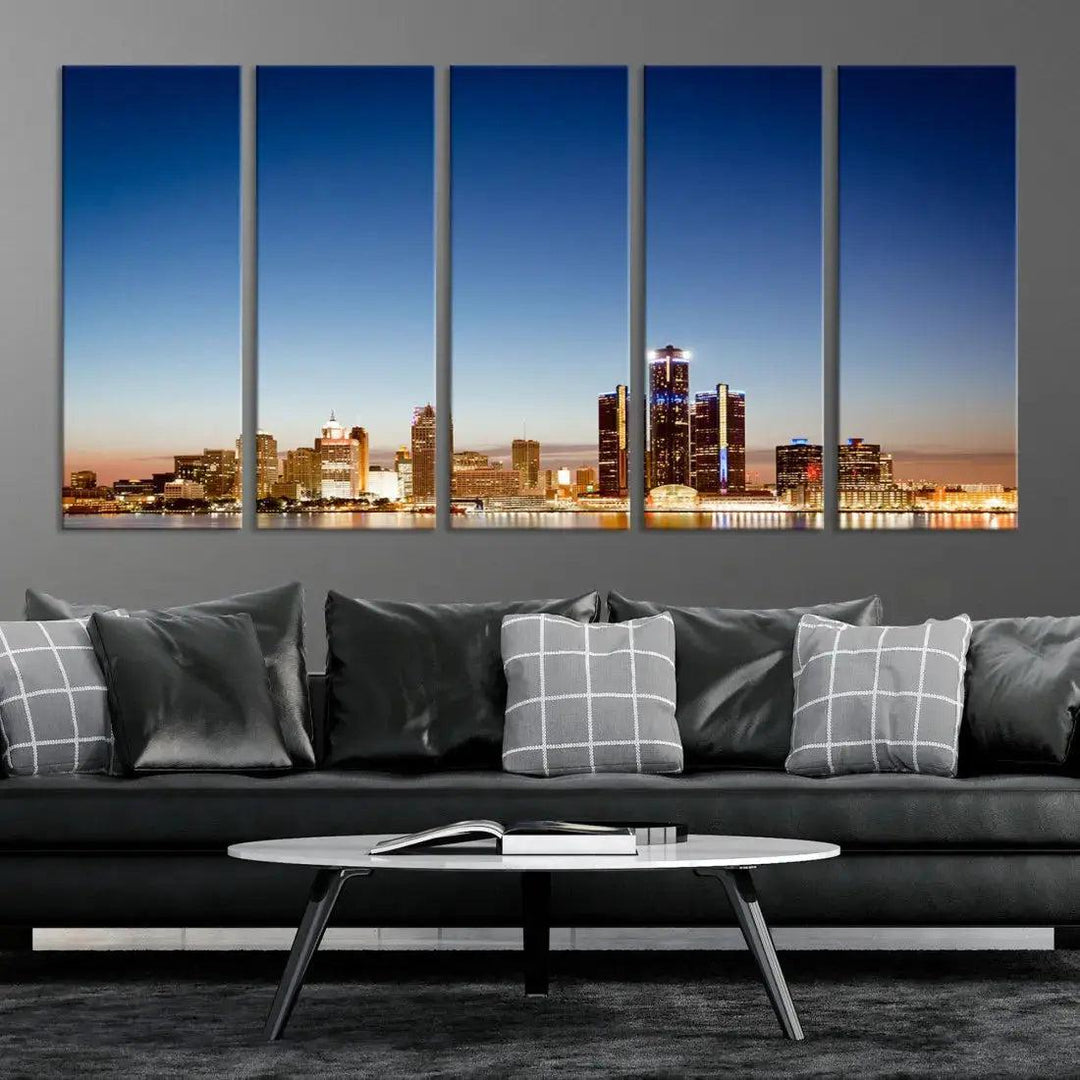 Large Blue Detroit Skyline Cityscape Wall Art Canvas Print Office Decor