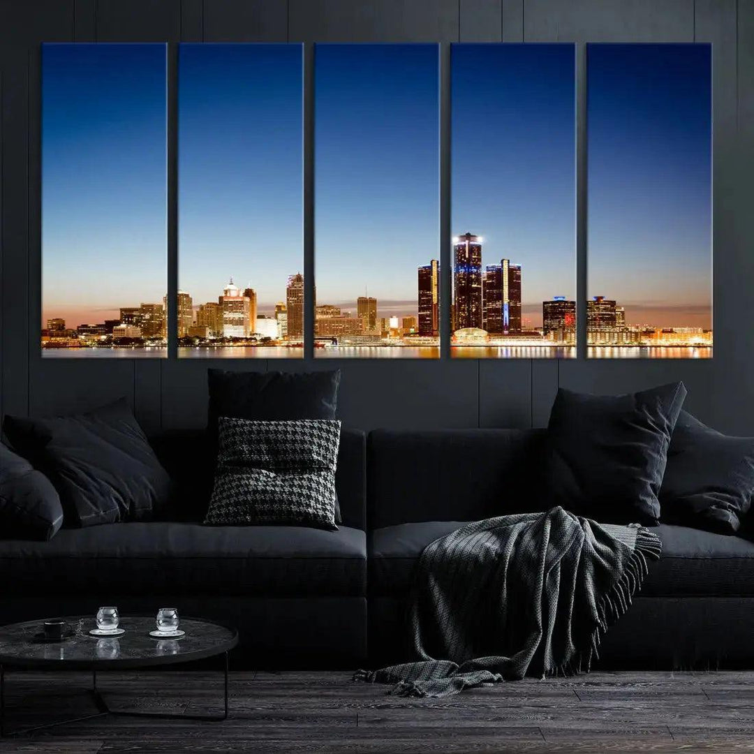 Large Blue Detroit Skyline Cityscape Wall Art Canvas Print Office Decor