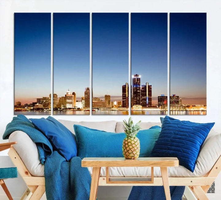 Large Blue Detroit Skyline Cityscape Wall Art Canvas Print Office Decor