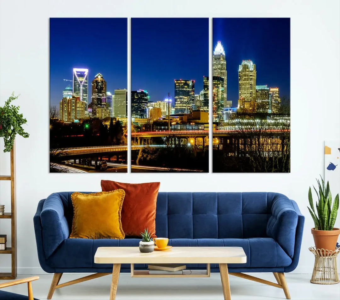 Large Charlotte City Downtown Night Skyline Cityscape Wall Art Canvas Print