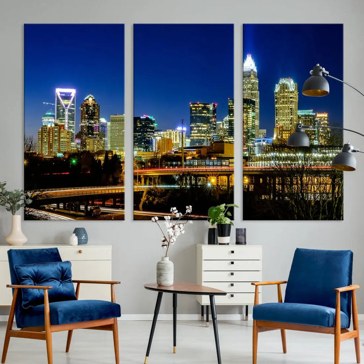 Large Charlotte City Downtown Night Skyline Cityscape Wall Art Canvas Print