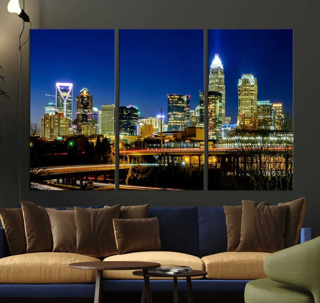 Large Charlotte City Downtown Night Skyline Cityscape Wall Art Canvas Print