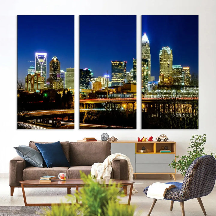 Large Charlotte City Downtown Night Skyline Cityscape Wall Art Canvas Print