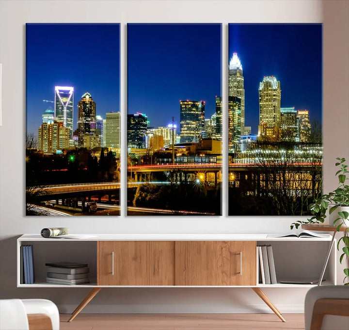 Large Charlotte City Downtown Night Skyline Cityscape Wall Art Canvas Print