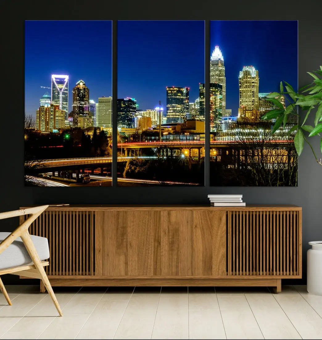 Large Charlotte City Downtown Night Skyline Cityscape Wall Art Canvas Print