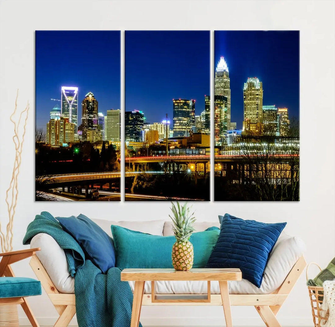 Large Charlotte City Downtown Night Skyline Cityscape Wall Art Canvas Print