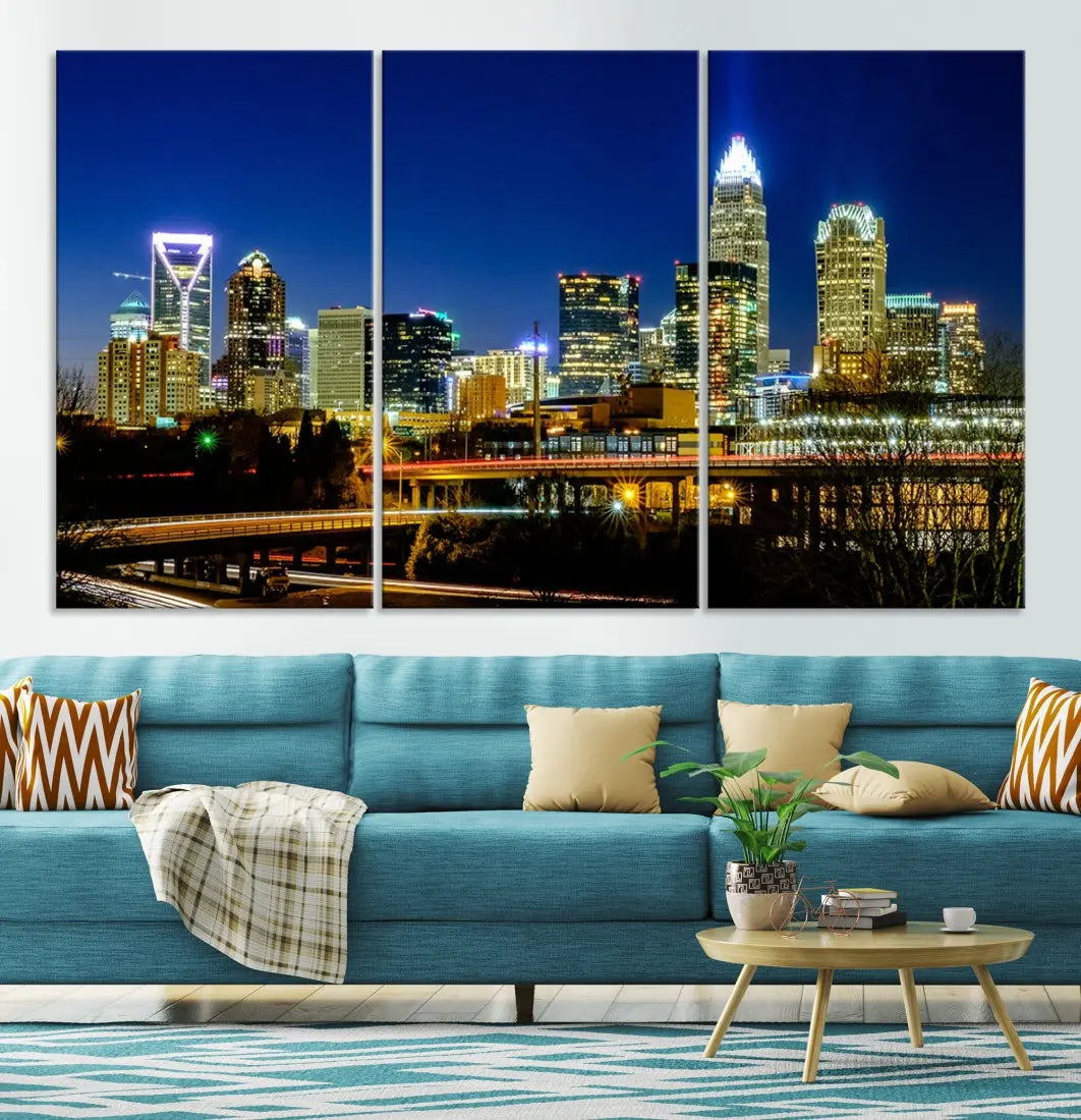 Large Charlotte City Downtown Night Skyline Cityscape Wall Art Canvas Print