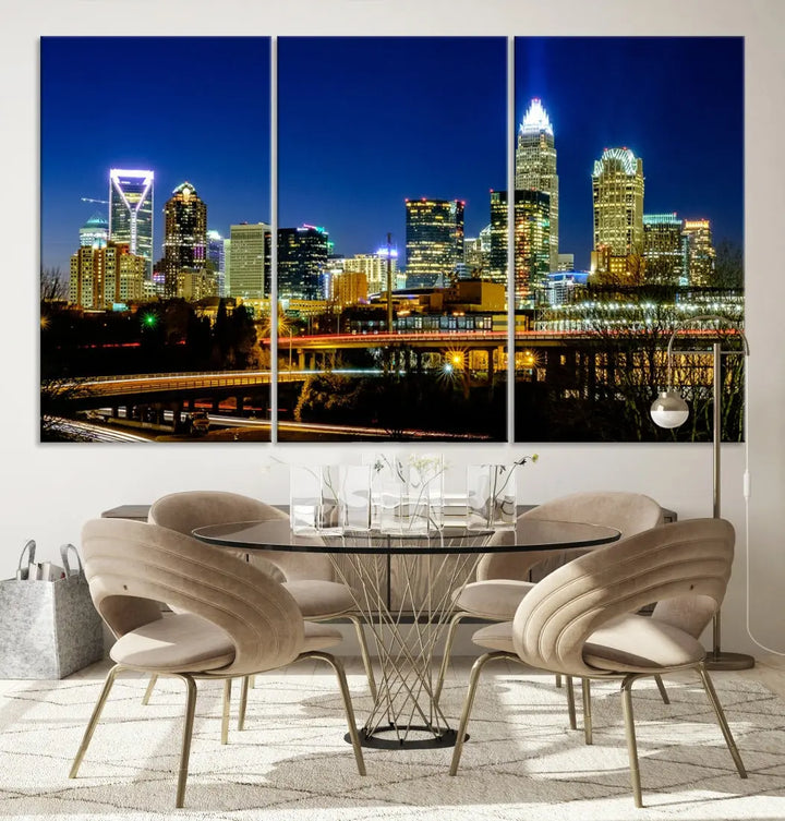 Large Charlotte City Downtown Night Skyline Cityscape Wall Art Canvas Print