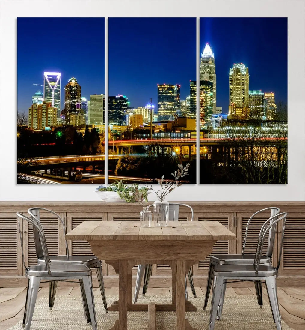 Large Charlotte City Downtown Night Skyline Cityscape Wall Art Canvas Print