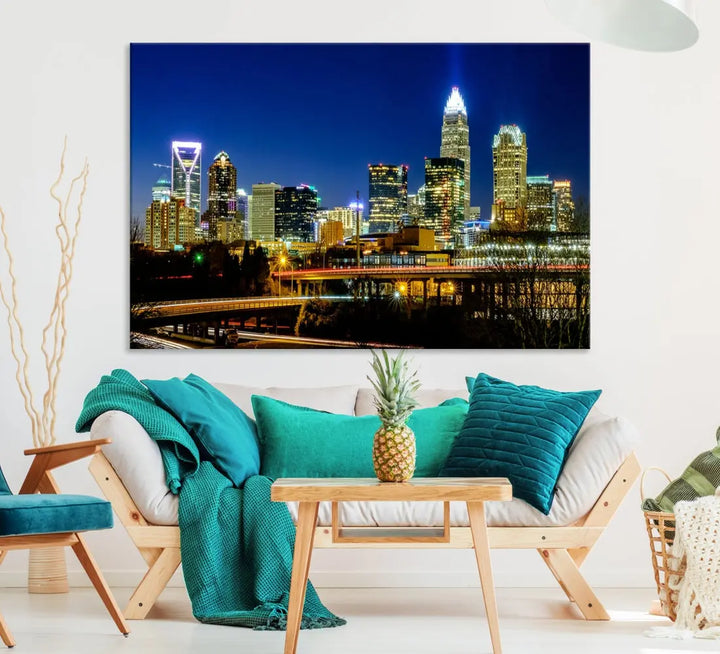 Large Charlotte City Downtown Night Skyline Cityscape Wall Art Canvas Print