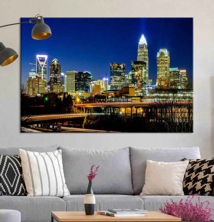 Large Charlotte City Downtown Night Skyline Cityscape Wall Art Canvas Print