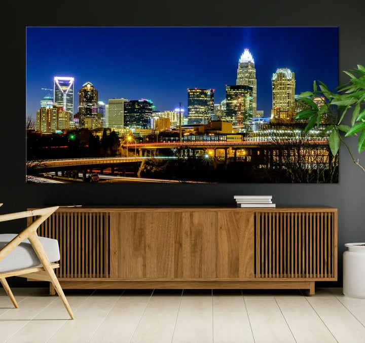 Large Charlotte City Downtown Night Skyline Cityscape Wall Art Canvas Print