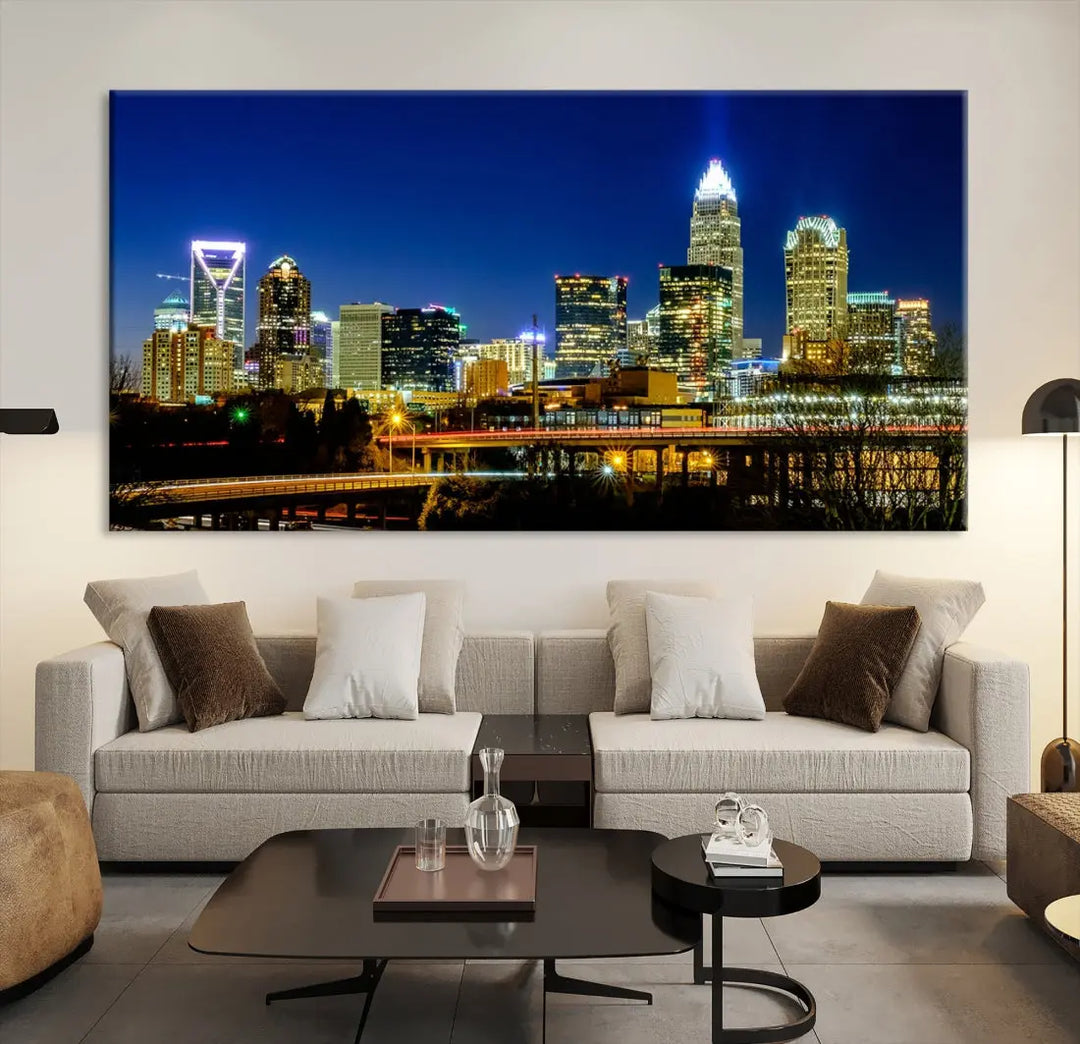 Large Charlotte City Downtown Night Skyline Cityscape Wall Art Canvas Print