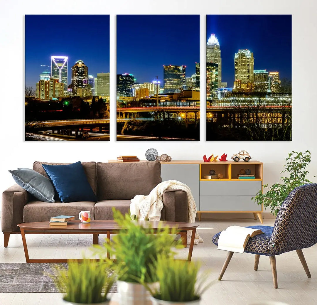 Large Charlotte City Downtown Night Skyline Cityscape Wall Art Canvas Print