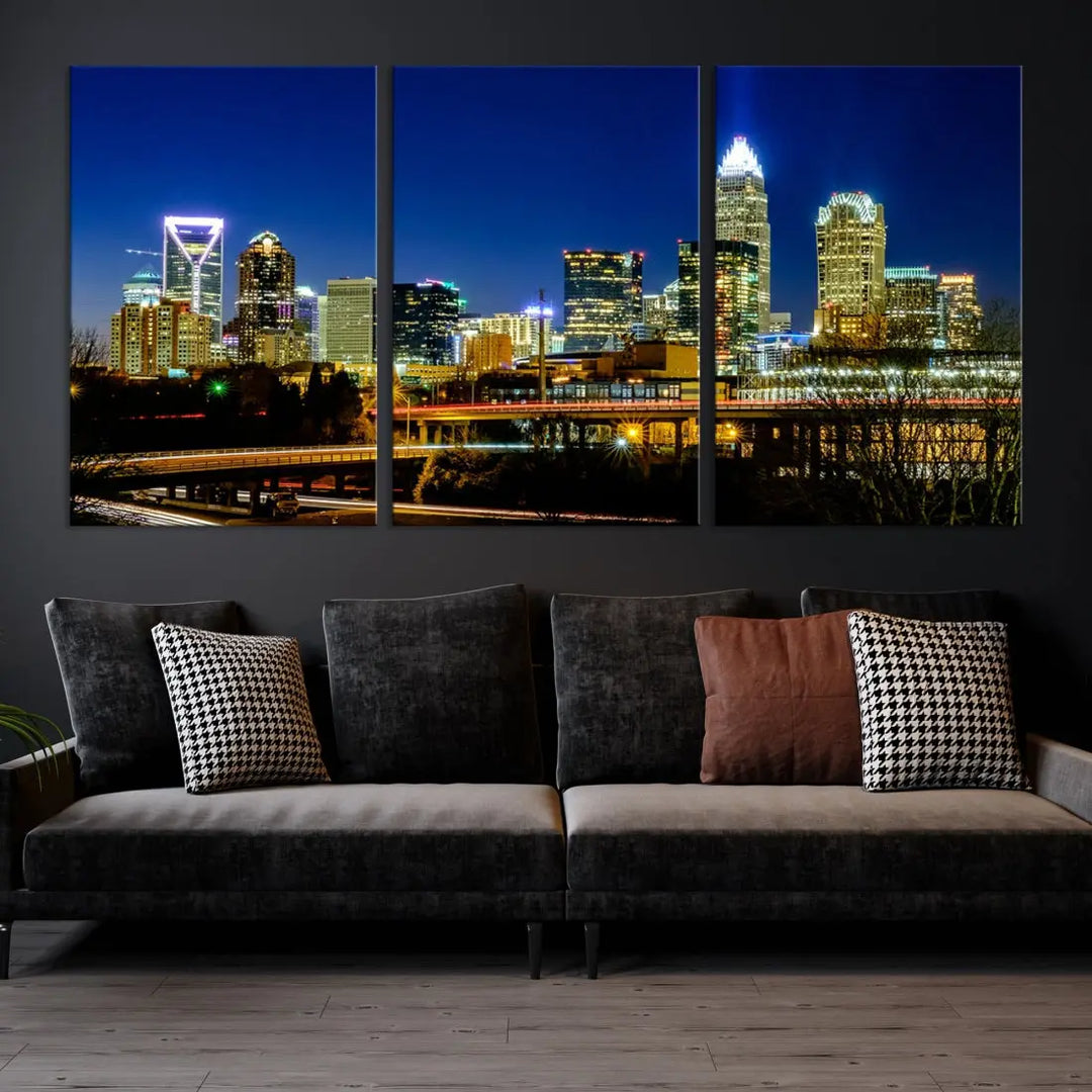 Large Charlotte City Downtown Night Skyline Cityscape Wall Art Canvas Print