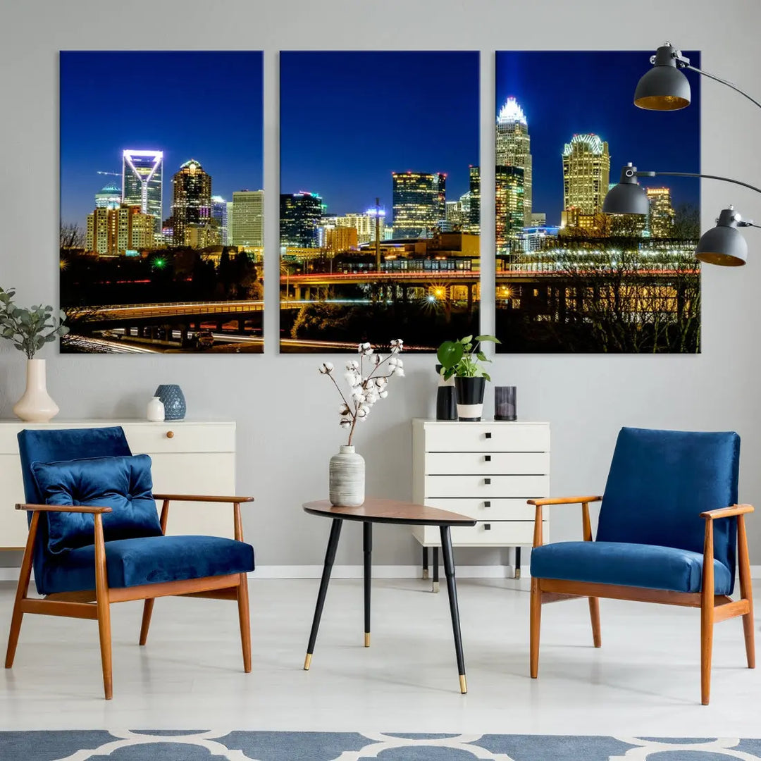 Large Charlotte City Downtown Night Skyline Cityscape Wall Art Canvas Print