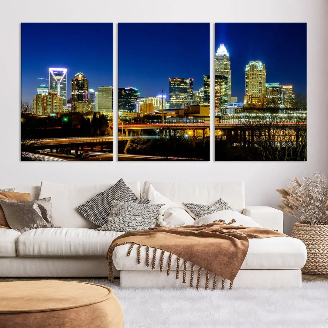 Large Charlotte City Downtown Night Skyline Cityscape Wall Art Canvas Print