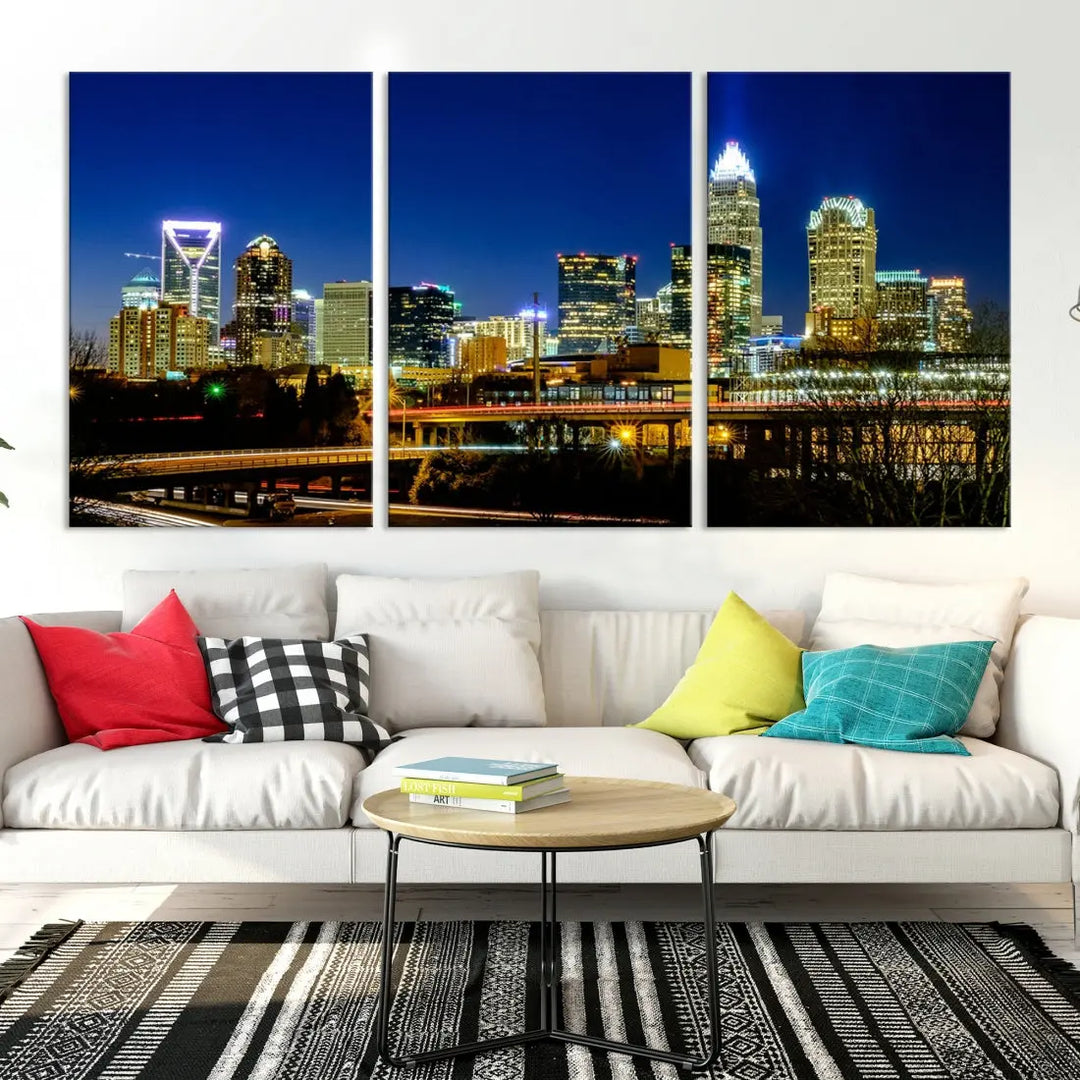 Large Charlotte City Downtown Night Skyline Cityscape Wall Art Canvas Print