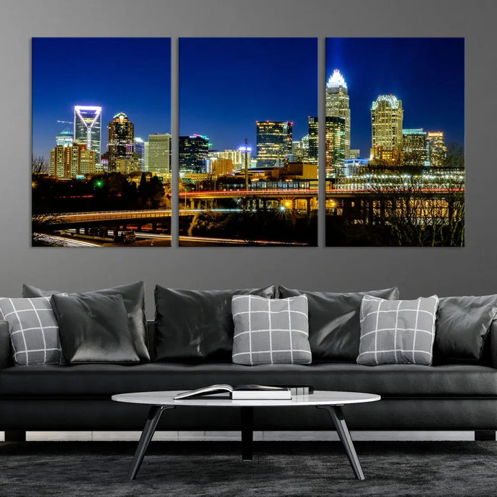 Large Charlotte City Downtown Night Skyline Cityscape Wall Art Canvas Print