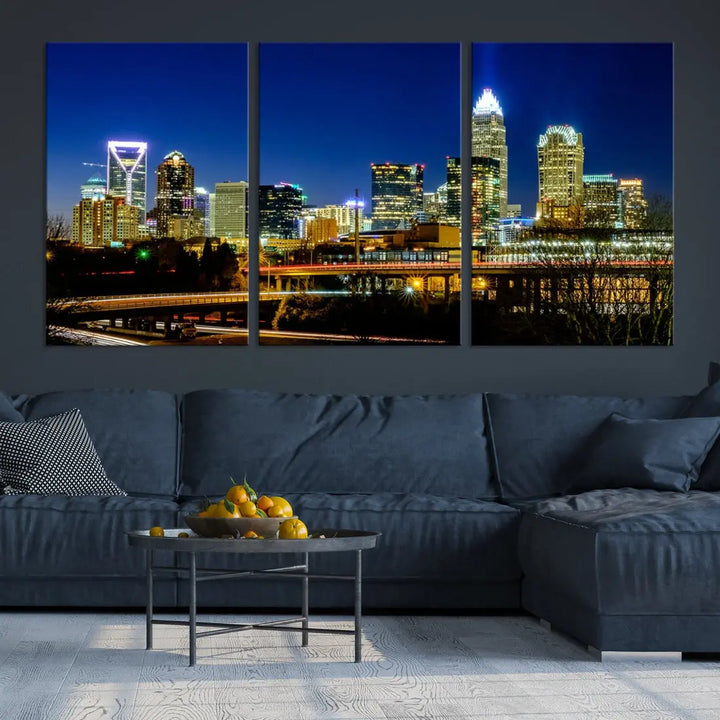 Large Charlotte City Downtown Night Skyline Cityscape Wall Art Canvas Print