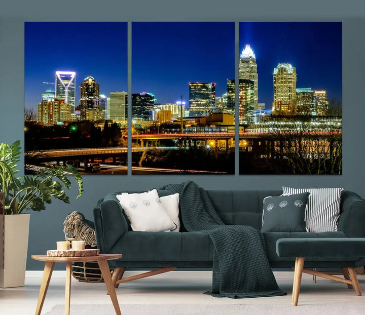 Large Charlotte City Downtown Night Skyline Cityscape Wall Art Canvas Print