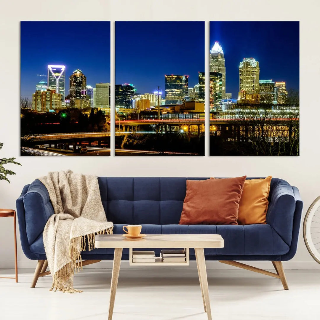 Large Charlotte City Downtown Night Skyline Cityscape Wall Art Canvas Print