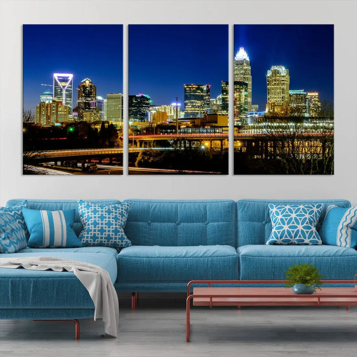 Large Charlotte City Downtown Night Skyline Cityscape Wall Art Canvas Print