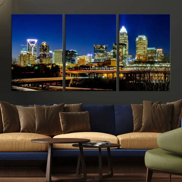 Large Charlotte City Downtown Night Skyline Cityscape Wall Art Canvas Print