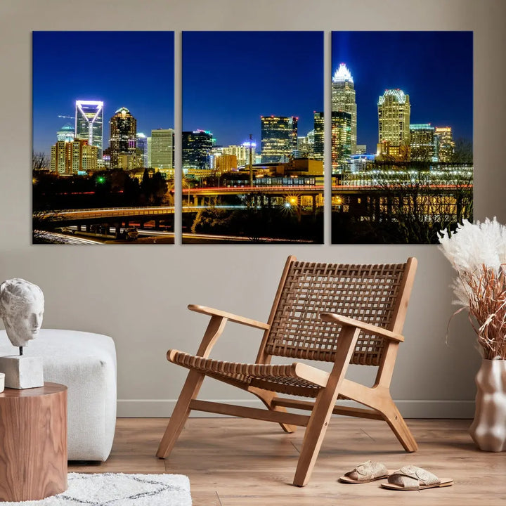 Large Charlotte City Downtown Night Skyline Cityscape Wall Art Canvas Print