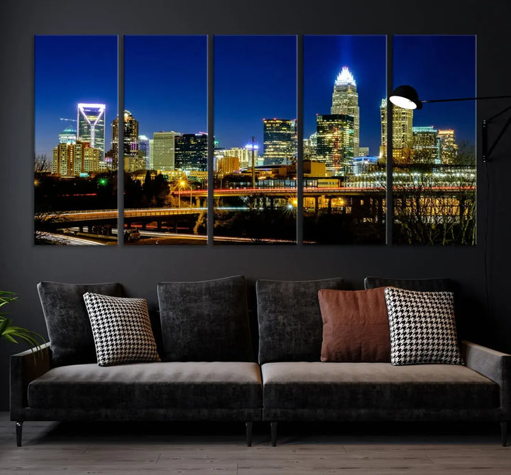 Large Charlotte City Downtown Night Skyline Cityscape Wall Art Canvas Print