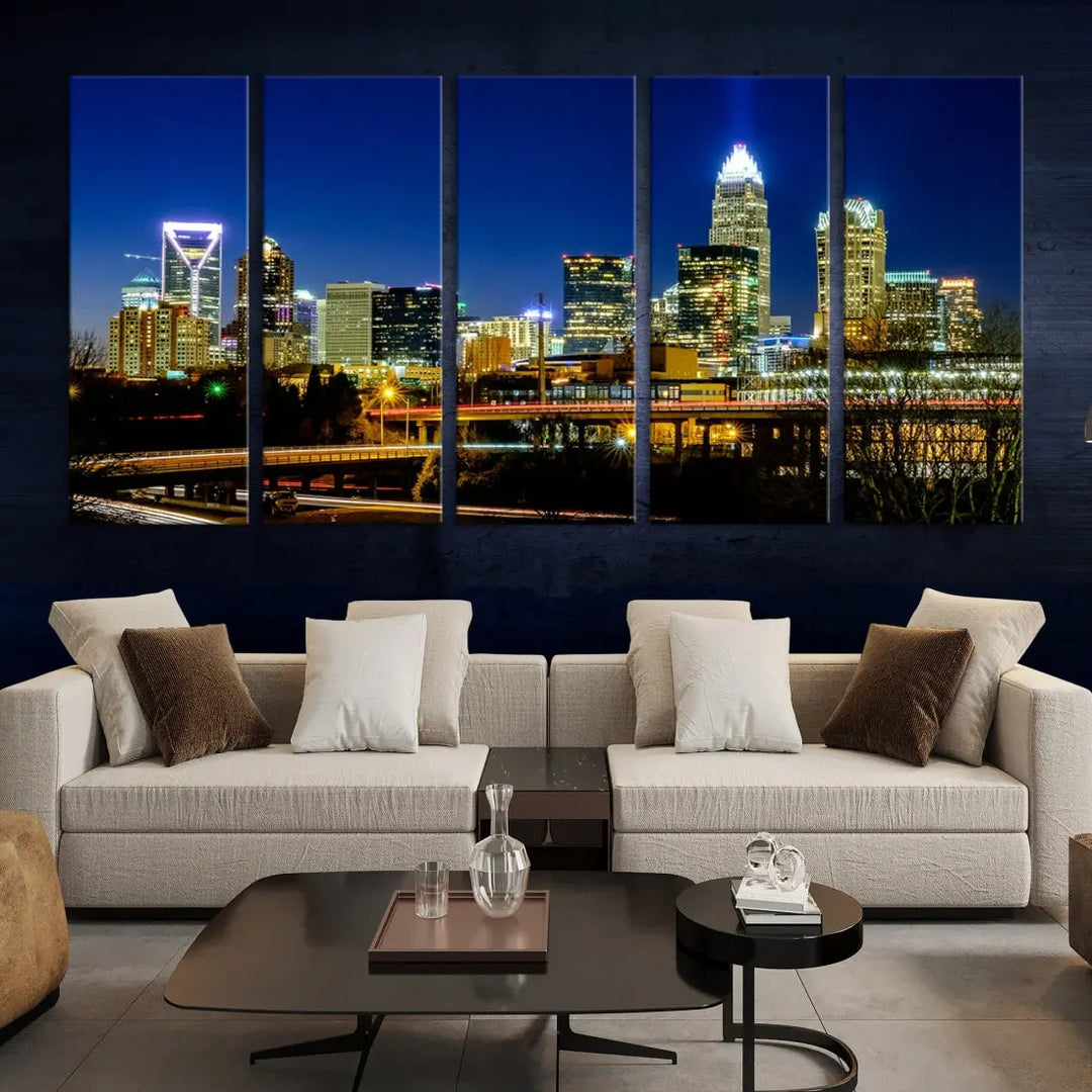 Large Charlotte City Downtown Night Skyline Cityscape Wall Art Canvas Print