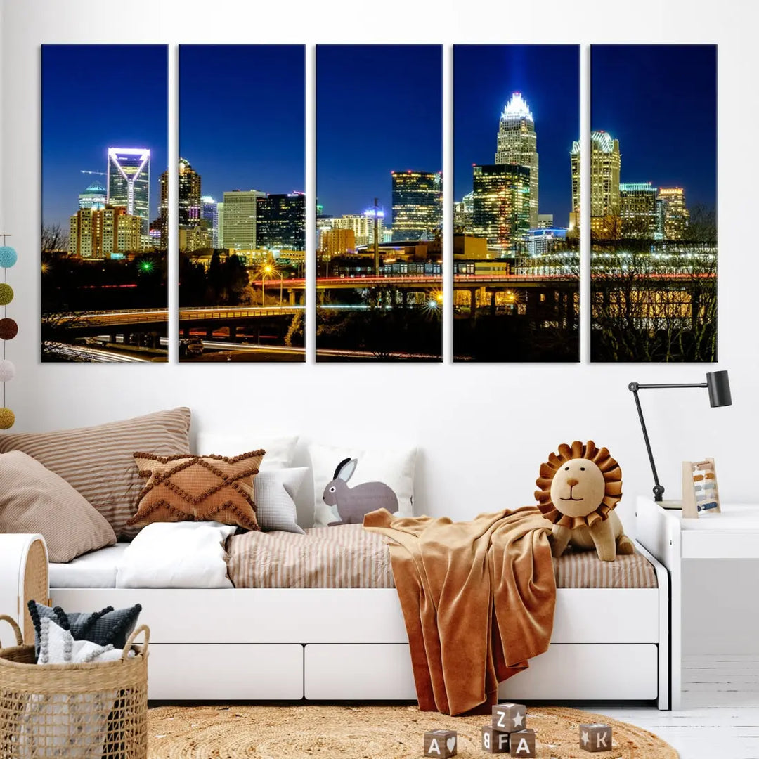 Large Charlotte City Downtown Night Skyline Cityscape Wall Art Canvas Print