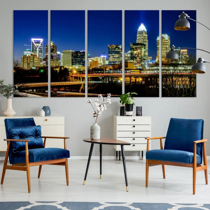 Large Charlotte City Downtown Night Skyline Cityscape Wall Art Canvas Print