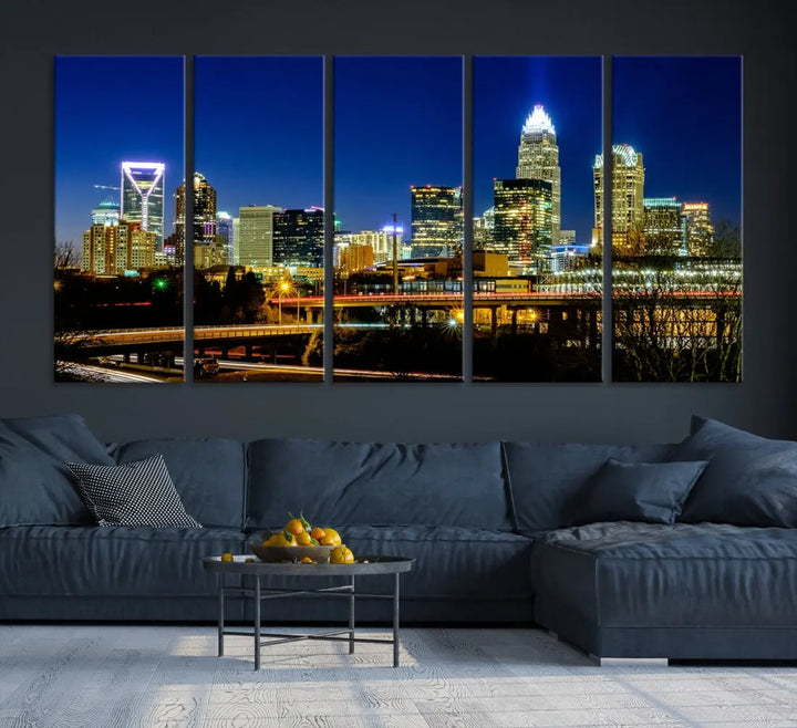 Large Charlotte City Downtown Night Skyline Cityscape Wall Art Canvas Print