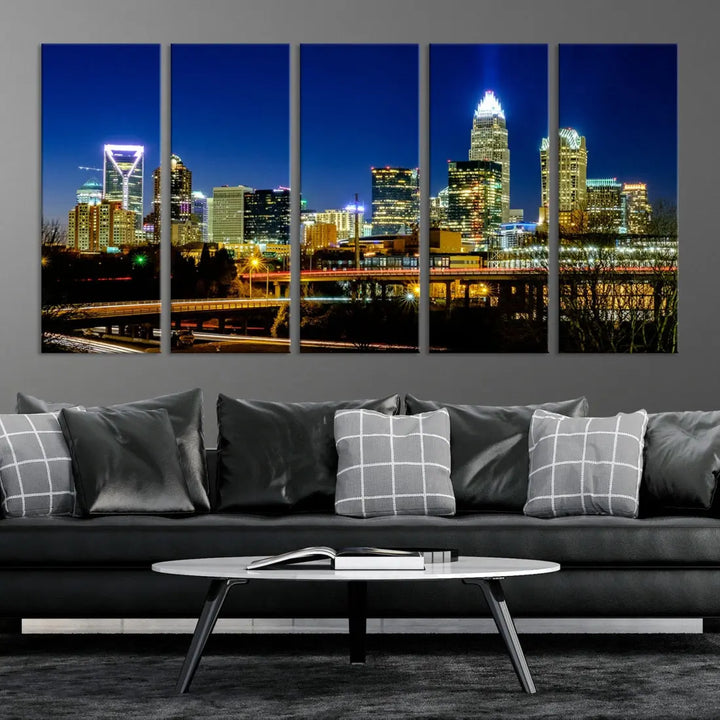 Large Charlotte City Downtown Night Skyline Cityscape Wall Art Canvas Print