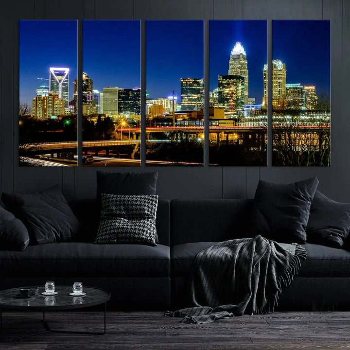 Large Charlotte City Downtown Night Skyline Cityscape Wall Art Canvas Print