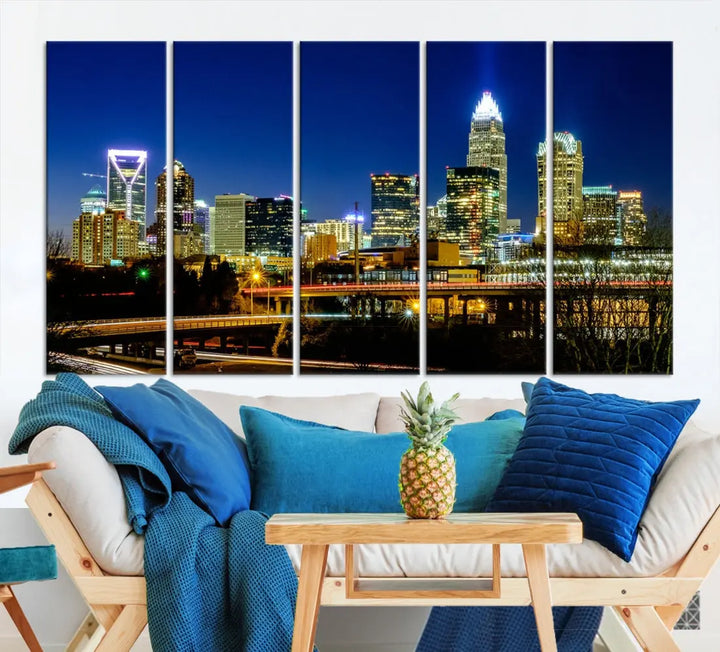 Large Charlotte City Downtown Night Skyline Cityscape Wall Art Canvas Print