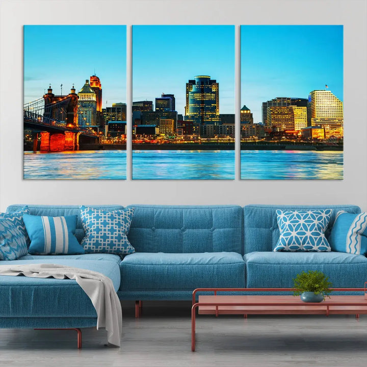 Large Cincinnati City Blue Skyline Cityscape Wall Art Canvas Print