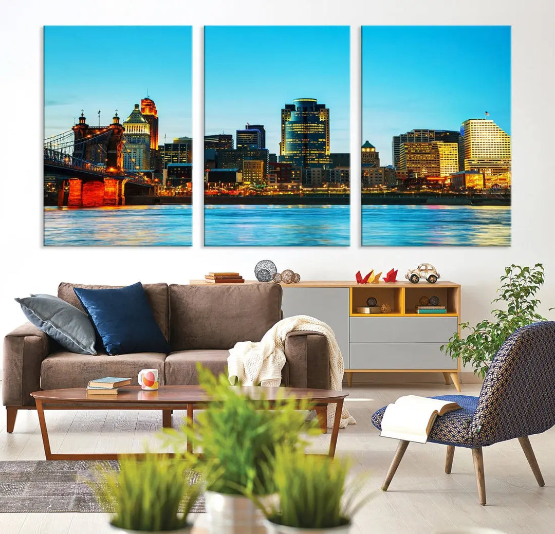 Large Cincinnati City Blue Skyline Cityscape Wall Art Canvas Print