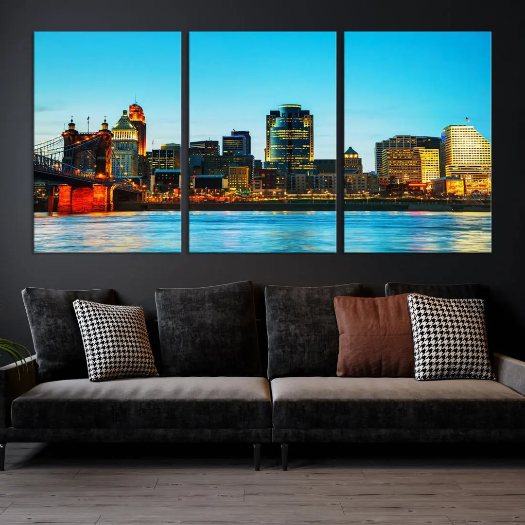 Large Cincinnati City Blue Skyline Cityscape Wall Art Canvas Print