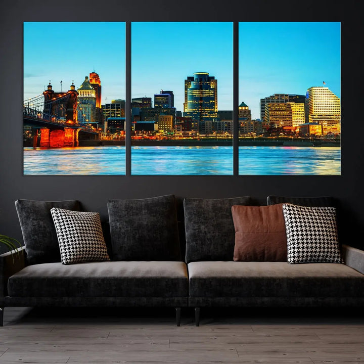 Large Cincinnati City Blue Skyline Cityscape Wall Art Canvas Print