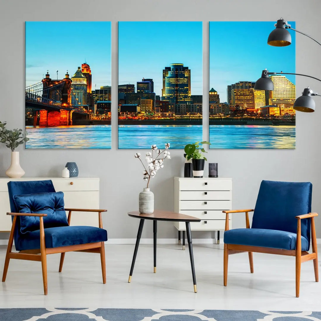 Large Cincinnati City Blue Skyline Cityscape Wall Art Canvas Print