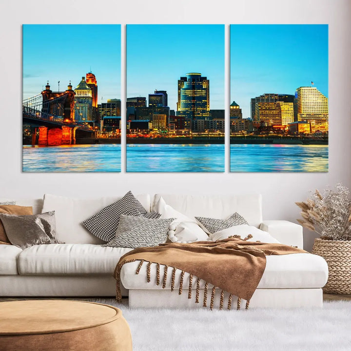 Large Cincinnati City Blue Skyline Cityscape Wall Art Canvas Print