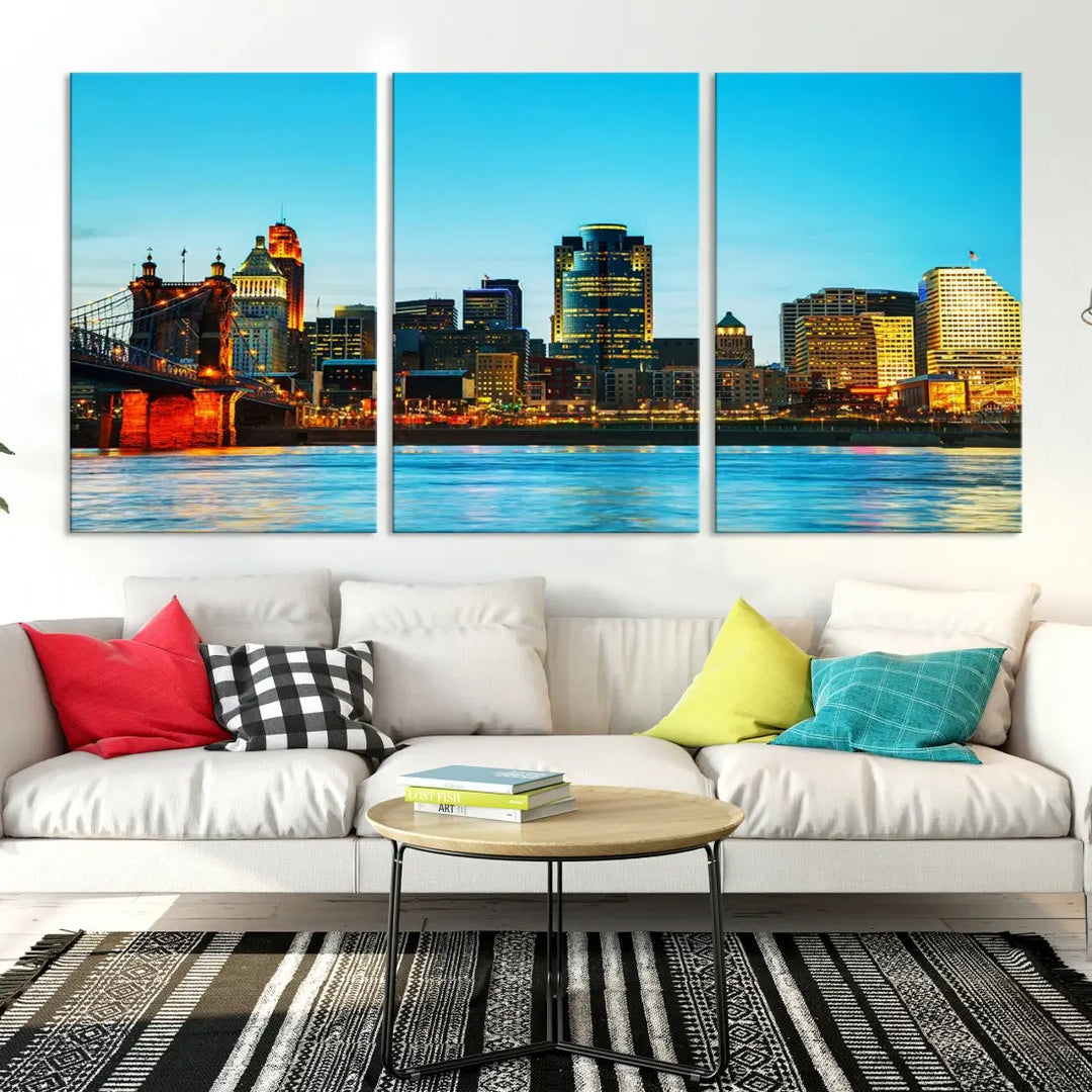 Large Cincinnati City Blue Skyline Cityscape Wall Art Canvas Print